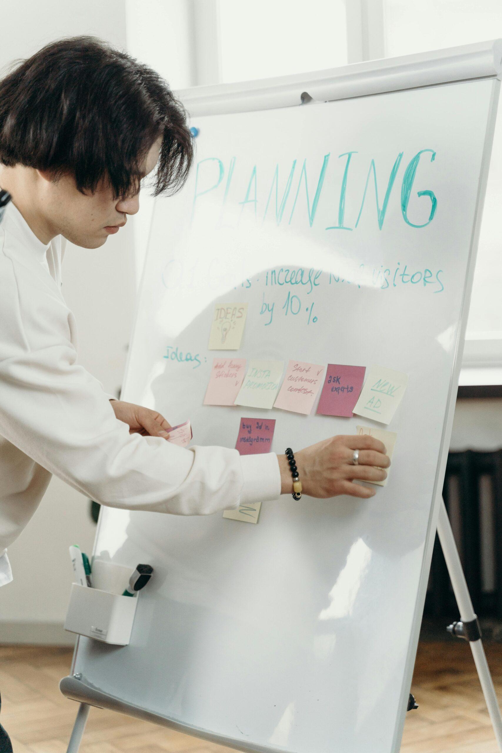 Person putting post-it pad on flipchart